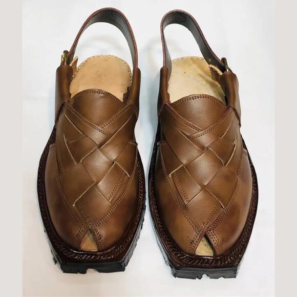 Brown Leather Sandals, Unique Style Handmade Peshawari Chappal - Picture 2 of 9